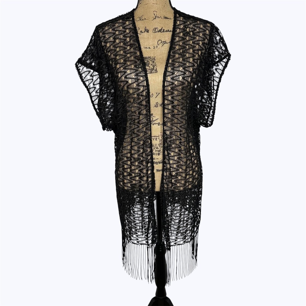 Cato Kimono Cardigan Black Open Knit Crochet Fringe Coverup Festival One Size